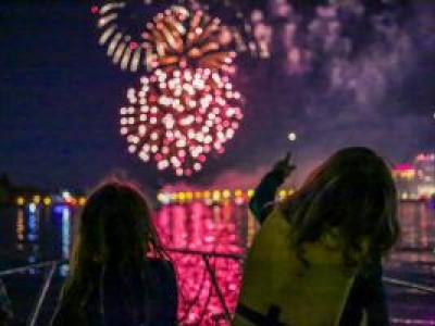 Children watching fireworks in distance